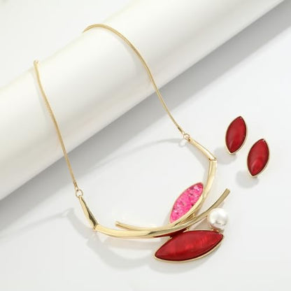 Vintage Statement Jewelry Set - Chunky Flower Floral Plant Geometric Resin Bib Necklace Earring Set Bohemian Boho Crystal Rhinestone Fashion Jewelry for Women Bridal Party Prom Unique Gift - style: MLJS2614-Red