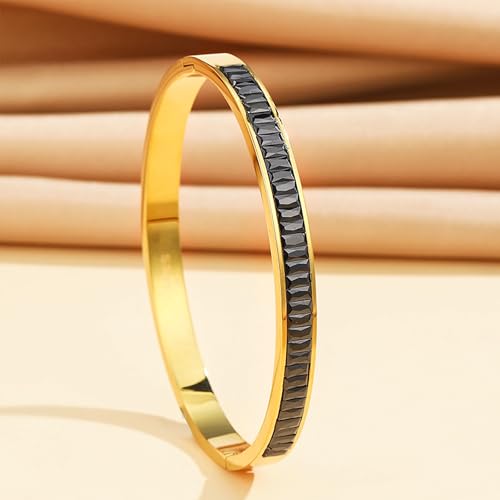 Gold Rhinestone Bangles Bracelets for Women, Chunky Crystal Stainless Steel Stackable Cuff Bracelet Prom Fashion Jewelry Gift - color: Black