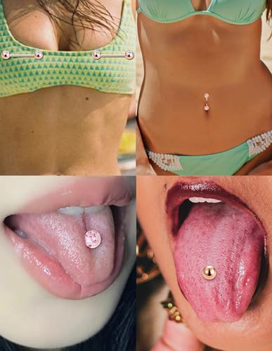 Akeoqi 8 Pairs Nipple Rings Tongue Ring 14G Stainless Steel CZ Ball Heart Butterfly Nipple Straight Barbells Body Piercing Jewelry for Women Men Silver Rose Gold Plated 14mm - color: A:Rose Gold, size: 14mm