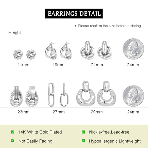 6 Pairs Gold Dangle Earrings for Women, 14K Gold Plated Earrings Geometric Knot Drop Huggie Earrings Trendy Jewelry Gifts - color: A Silver
