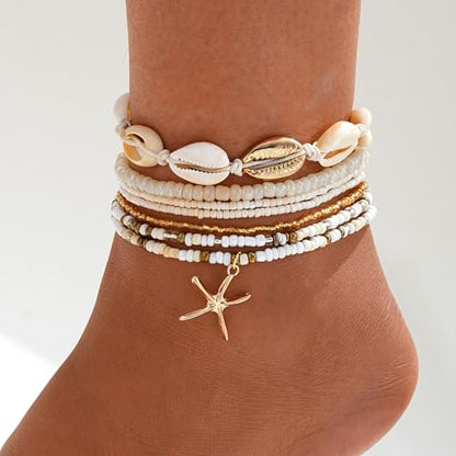 Qceasiy Shell Ankle Bracelets for Women, Boho Beaded Beach Anklet Set | Seashell, Heart, Starfish and Conch Styles, Gold-Tone, Stretch or Adjustable Fit, Layered Beach Vacation Jewelry Gifts - color: White 1