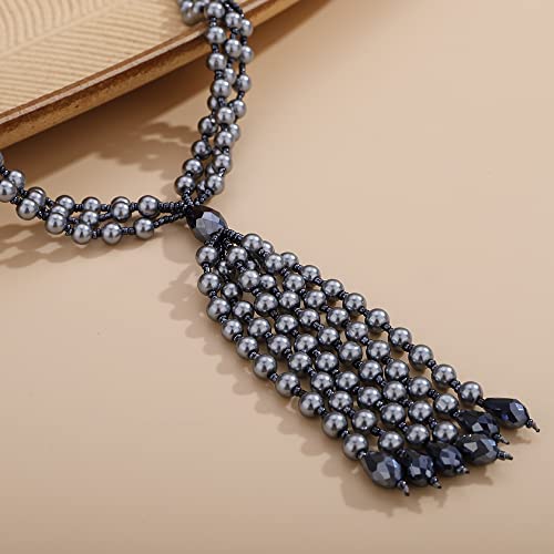Aimimier Bohemian 3-Strand Faux Pearl Knot Beaded Necklace - color: Gray