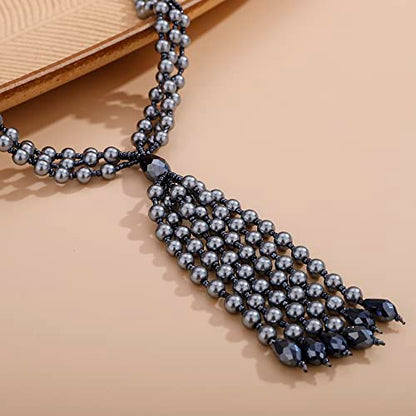 Aimimier Bohemian 3-Strand Faux Pearl Knot Beaded Necklace - color: Gray