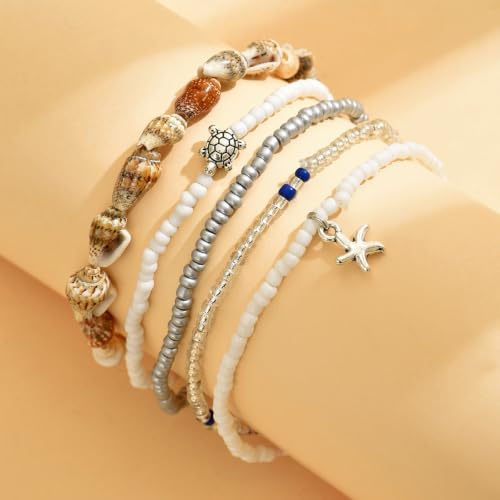 DATOA Boho Ankle Bracelets Set for Women Layered Beaded Seashell Turtle Conch Foot Chain Hawaiian Summer Beach Anklet Vacation Jewelry - color: 5Pcs White