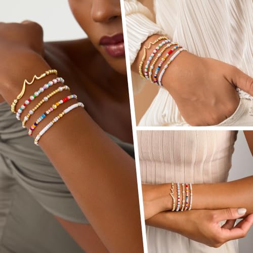 Turandoss 5PCS 14K Gold Plated Beaded Stretch Bracelets Set for Women | Stacked Bow Cross Wave Knot Pearl Beads Bracelet Set, Waterproof 7 Inch Stretch Elastic, Summer Jewelry Gifts for Women Girls - color: 5PCS Wave Beaded Bracelets