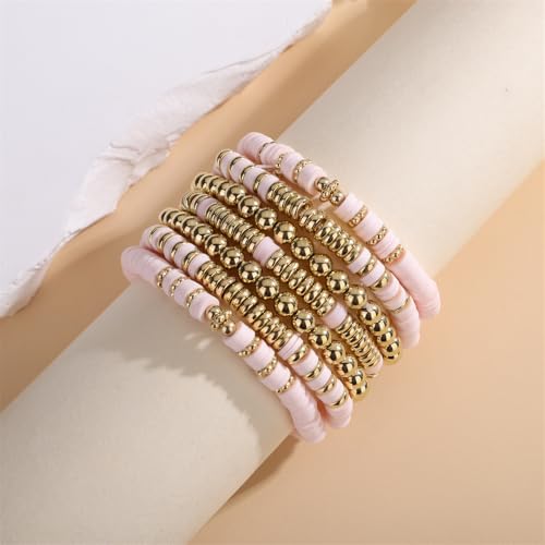 Heishi Clay Bead Bracelets Pack for Women Boho Friendship Stretch Bracelets Set Stackable Gold Beads Bracelets Jewelry for Gift - color: pink