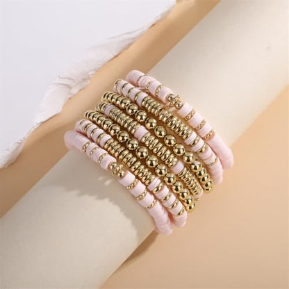Heishi Clay Bead Bracelets Pack for Women Boho Friendship Stretch Bracelets Set Stackable Gold Beads Bracelets Jewelry for Gift - color: pink