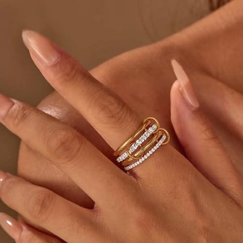 14K Gold Plated Interlocked Stackable Rings for Women Non Tarnish,Gold and Silver Cubic Zirconia Statement Rings Set,Mixed Metals Ring Two-Toned Connected Bands Stacking Jewelry - color: 4pcs rings-gold