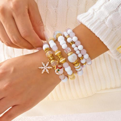 WETMT 5 PCS Christmas Bracelets for Women Acrylic Green White Bead Elastic Christmas Tree Snowflakes Stretch Bracelets Stack Holiday Party Jewelry Gifts Stocking Stuffers - color: white