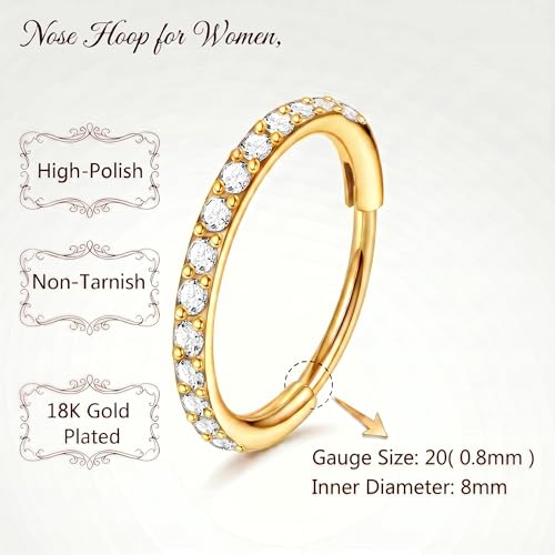 Staligue Nose Hoop ring - 316L Surgical Steel Nose Ring 16/18/20G Hinged Diamond Nose Ring Hoop Septum Clicker Rings Cartilage Earring Helix Rook Tragus Daith Piercing Jewelry for Women 6MM/8MM/10MM/12MM - color: Gold, size: 20G-8MM