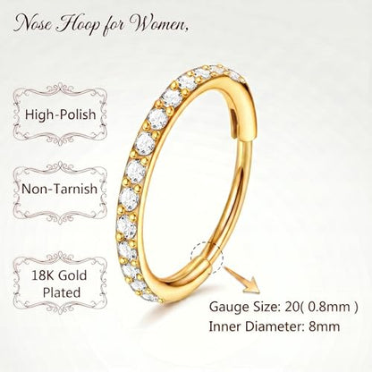 Staligue Nose Hoop ring - 316L Surgical Steel Nose Ring 16/18/20G Hinged Diamond Nose Ring Hoop Septum Clicker Rings Cartilage Earring Helix Rook Tragus Daith Piercing Jewelry for Women 6MM/8MM/10MM/12MM - color: Gold, size: 20G-8MM