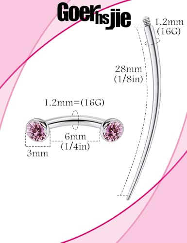 F136 Titanium 16g 6/8/10mm Eyebrow/Rook/Snug/Vertical-Labret/VCH/Snake-Eyes/Anti-Tragus/Christina/Daith/Belly-Button/Bridge/Hood/Surface Curved Barbell Piercing Jewelry for Women Men - color: Pink, size: 6 mm (1/4 in)