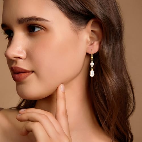 Pearl Earrings for Women 14k Gold/Silver Pearl Drop Earrings Long White Pearl Tassel Dangle Statement Earrings Bridal Wedding Dainty Prom Earrings Birthday Gifts Jewelry - color: Gold Double Pearl Drop Earrings