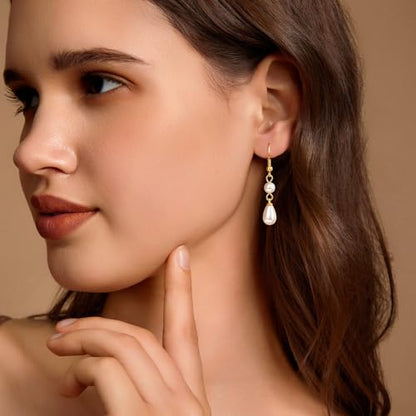 Pearl Earrings for Women 14k Gold/Silver Pearl Drop Earrings Long White Pearl Tassel Dangle Statement Earrings Bridal Wedding Dainty Prom Earrings Birthday Gifts Jewelry - color: Gold Double Pearl Drop Earrings