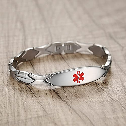 LinnaLove Fashion Shiny medical alert bracelet with Free Engraving Stainless steel Medical id bracelet for Women - color: TITANIUM
