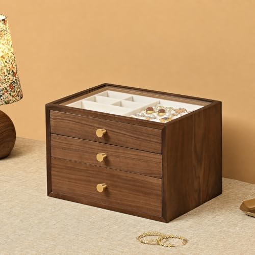 Black Walnut Wooden Jewelry Box for Women, 3 Layer Solid Wood Organizer with Glass Lid and Drawer, Large Storage for Necklace Ring Earrings Watch Bracelet, Birthday Gift for Mom Girls