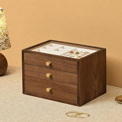 Black Walnut Wooden Jewelry Box for Women, 3 Layer Solid Wood Organizer with Glass Lid and Drawer, Large Storage for Necklace Ring Earrings Watch Bracelet, Birthday Gift for Mom Girls
