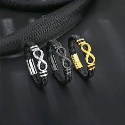 Men's Leather Infinity Bracelet Stainless Steel Number 8 Wristband Cuff Bangle Bracelets Gifts for Men, 8.3 & 9.1 inches - color: 01.Single-layers leather & black infinity, size: 9.1inch(Size too large. Not recommended.)