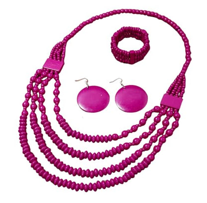Colorful Ethnic Wooden Earrings Round Statement Dangle Earrings Multilayered Geometric Beaded Bracelet Necklace Set for Women Exaggerated Tribal Jewelry - color: Rose Red