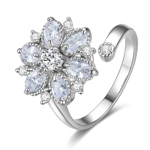 18K Gold Plated Rings for Women and Teen Girls Non Tarnish Cubic Zirconia Fidget Ring Butterfly/Snake/Mesh/Cross/Crown Knuckle Ring Open Adjustable Statement Stacking Chunky Rings - color: Silver Flower