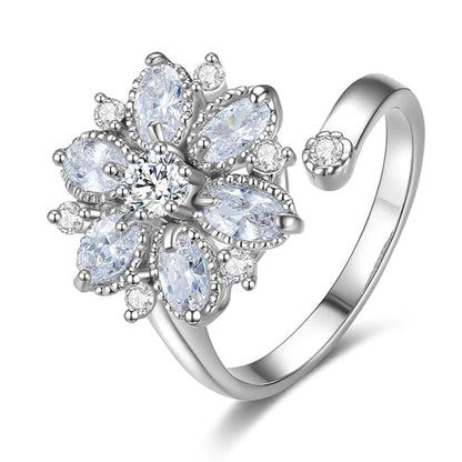 18K Gold Plated Rings for Women and Teen Girls Non Tarnish Cubic Zirconia Fidget Ring Butterfly/Snake/Mesh/Cross/Crown Knuckle Ring Open Adjustable Statement Stacking Chunky Rings - color: Silver Flower