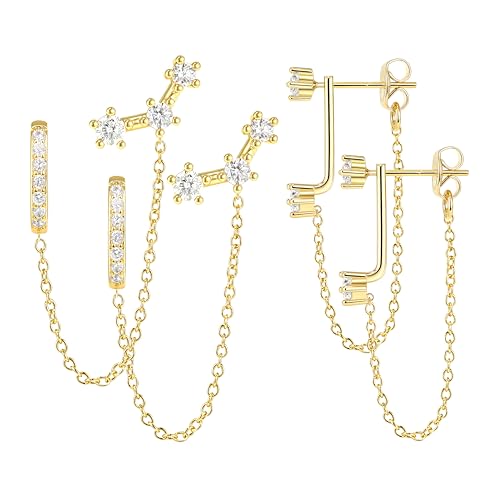 3 Pairs Dainty Small Earrings Set for Women Trendy, Birthstone Stud Huggie Hoop Jacket Stack for Cartilage Helix, Gold Plated Hypoallergenic Cute Women Fashion Accessories Western Jewelry Gifts - color: Gold Plated Chain