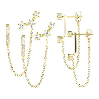 3 Pairs Dainty Small Earrings Set for Women Trendy, Birthstone Stud Huggie Hoop Jacket Stack for Cartilage Helix, Gold Plated Hypoallergenic Cute Women Fashion Accessories Western Jewelry Gifts - color: Gold Plated Chain