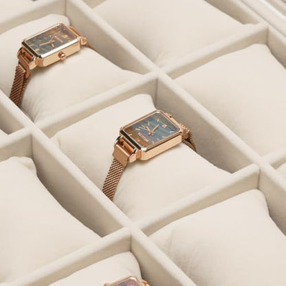 Jewelry Watch Tray, Beige Velvet Watch Jewelry Organizer 12 Grid, Stackable Watch Bracelet Bangle Display Holder, Adjustable Pillows, for Man Woman Show Birthday - color: Beige