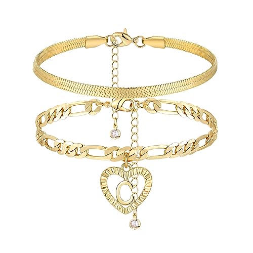 YANODA Gold Ankle Bracelets for Women Waterproof, 14k Gold Plated Layered Snake Anklets Figaro Chain Letter Initial Anklets Handmade Heart Ankle Bracelets Personalized for Women Beach Jewelry Gifts - color: C