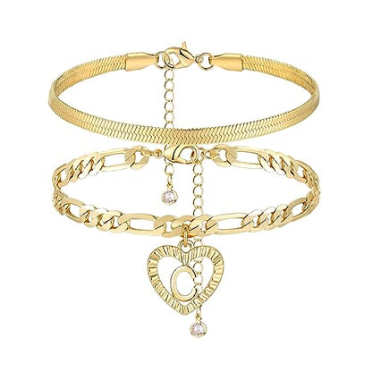 YANODA Gold Ankle Bracelets for Women Waterproof, 14k Gold Plated Layered Snake Anklets Figaro Chain Letter Initial Anklets Handmade Heart Ankle Bracelets Personalized for Women Beach Jewelry Gifts - color: C