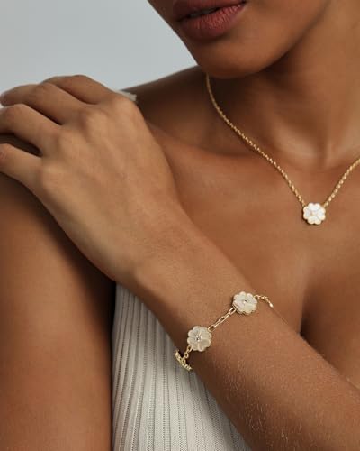 PAVOI 14K Gold Plated Clover Bracelets for Women - Flower Four Leaf Clover Bracelet - Mother of Pearl & Onyx Gemstone Lucky Flower Design - Adjustable Trendy Jewelry Gifts - style: Mother of Pearl Flower