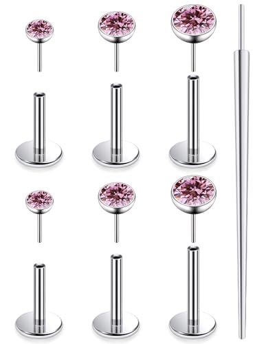 20G 18G 16G F136 Titanium Threadless Flat Back Earrings Nose Studs Tragus Forward Helix Conch Cartilage Lobe Earrings Medusa Labret Snake Bite Monroe Lip Ring Piercing Jewelry For Women Men - color: Pink, size: 18G-6MM/7MM/8MM Bar-CZ 2/3/4MM