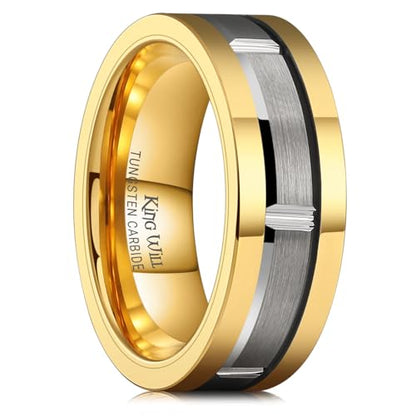 King Will Classic Mens 、Tungsten Carbide Rings Brick Pattern Groove Center | Silver/Black/Gold/Rose Gold, 8mm, Grooved, Comfort Fit, Brick pattern, Everyday Wear - color: C-Gold & Silver