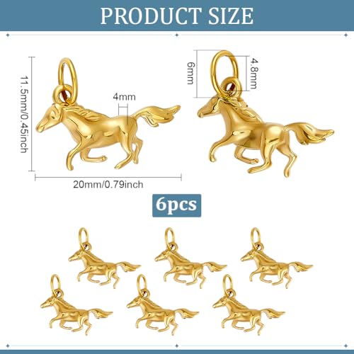 PH PandaHall 6pcs 18K Gold Plated Horse Charms Pendant, 304 Stainless Steel Horse Shape Pendant with Single Circle Good Luck Horse Charm for DIY Crafts Brecelets Necklace keychain Jewelry Making