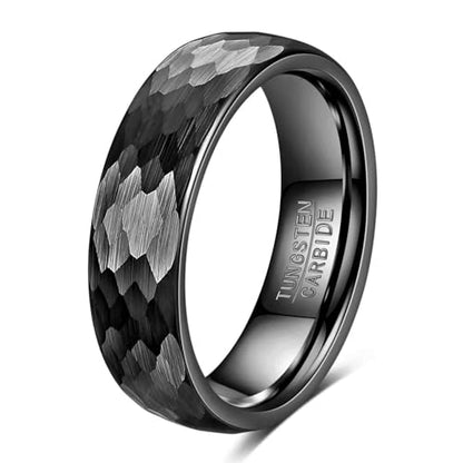 4-6mm Hammered Tungsten Wedding Band Matte for Men and Women | Matte Brushed Finish, Scratch and Fade Resistant, Engraved Faceted Pattern, Dome Profile, 4mm/6mm/8mm, Sizes 6–12 - color: 6mm Hammered Black