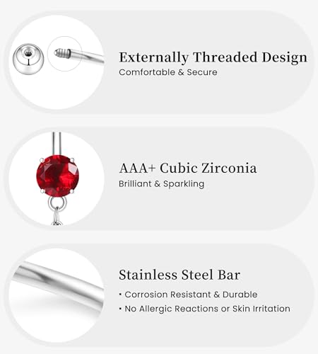 BSJ4U Belly Button Ring Dangle Navel Belly Piercing Jewelry Cute Pink CZ Heart Butterfly Bow Flower Navel Belly Rings for Women 14G Silver Stainless Steel Dainty Dangly Dangling Belly Button Piercing - color: Red CZ Belly Button Rings
