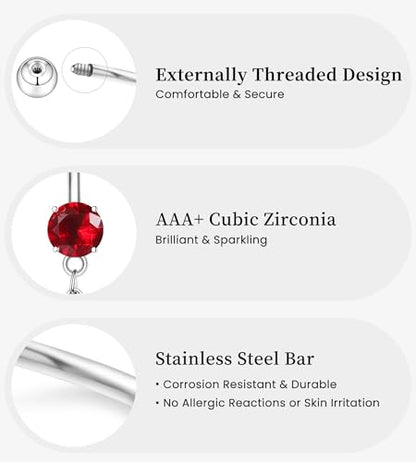 BSJ4U 8Pcs Gold Pink Silver Belly Button Ring Dangle Navel Belly Piercing Jewelry Cute CZ Butterfly Heart Flower Bow Navel Belly Rings for Women 14G Hypoallergenic Surgical Stainless Steel Dainty Dangling Dangly Belly Button Piercing Pack - color: Red Bel