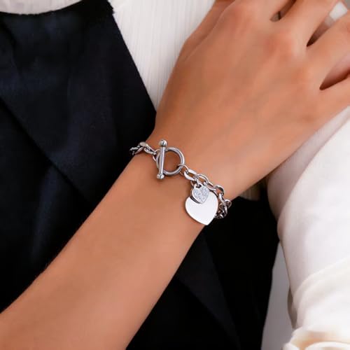 Heart Charm Bracelet Plated 18K Gold/Silver/Rose Gold Bible Scripture Heart Bracelet for Women Jewelry Gift Zircon Her Link Chain OT Clasp Stainless Steel Birthday - color: Silver-Zircon, size: 7.1 inch
