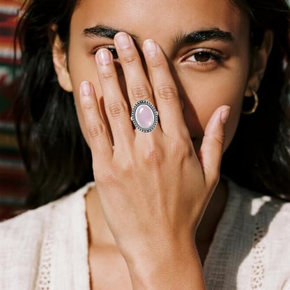 Retro Sterling Silver Stone Ring,Antique Natural Real Oval Crystal Quartz Gemstone Boho Bohemian Ring Jewelry for Women - color: A11_Rose Quartz