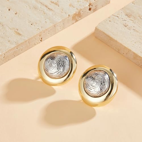Mytys Two Tone Huggie Hoop Earrings Cross Over Design Twisted Rope Silver Gold Statement Wide Band Clip On Hoops for Women Fashion Jewelry Gift - color: Round Gold & Silver