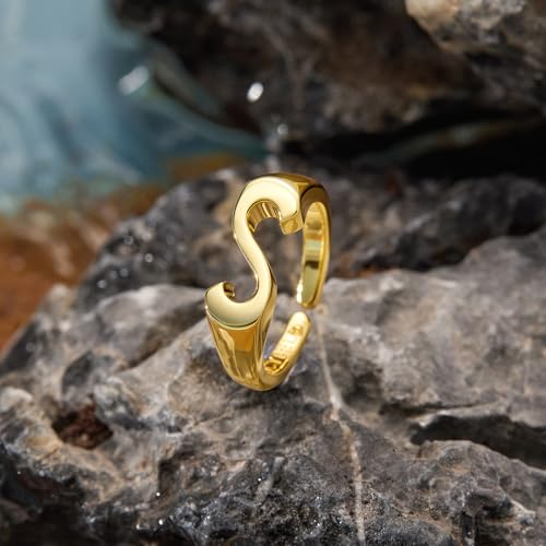 Cicy Bell Initial Rings for Women 18k Gold Plated Adjustable Rings | Open Signet Rings, Bold Letter, Personalized Engraved, For Party - color: Initial-S