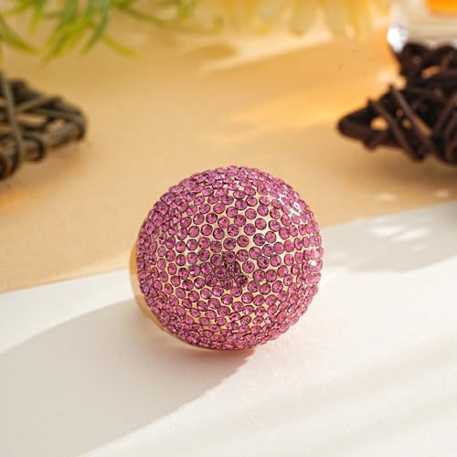 Gold Snowball Rhinestone Cocktail Ring – Adjustable Stretch Sparkling Party Jewelry for Women, Elegant Costume Ring for Evening Wear, Wedding, Prom - color: pink