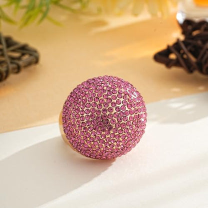 Gold Snowball Rhinestone Cocktail Ring – Adjustable Stretch Sparkling Party Jewelry for Women, Elegant Costume Ring for Evening Wear, Wedding, Prom - color: pink