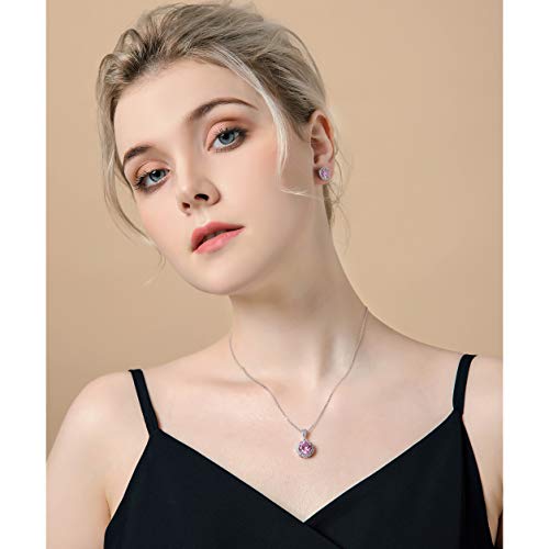 AMYJANE Halo Crystal Jewelry Set - Sterling Silver Round Cubic Zirconia Crystal Bridal Pendant Necklace Earrings Set for Wedding Bride Bridesmaids - color: Pink