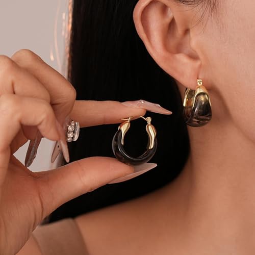 Brown Earrings for Women Chunky Gold Statement Earrings Small Gold Hoop Earring Resin Huggie Earring Square Hoop Trendy Jewelry Gifts for Women Everyday Wear - color: black