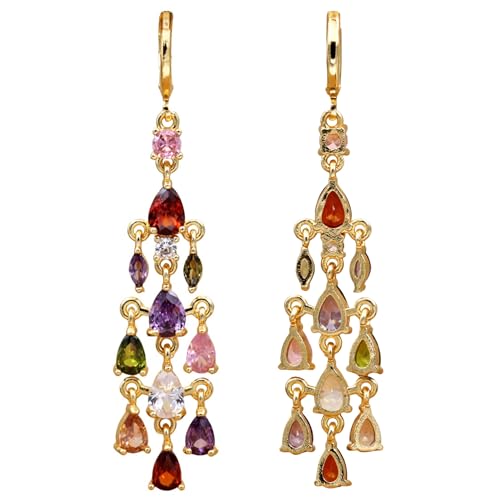 18K Gold Plated Flower Dangle Earrings for Women, Hypoallergenic Cubic Zirconia Earrings, Elegant CZ Drop Earrings, Statement Jewelry Gifts Party Fashion - style: Chandelier-Gold-Mix