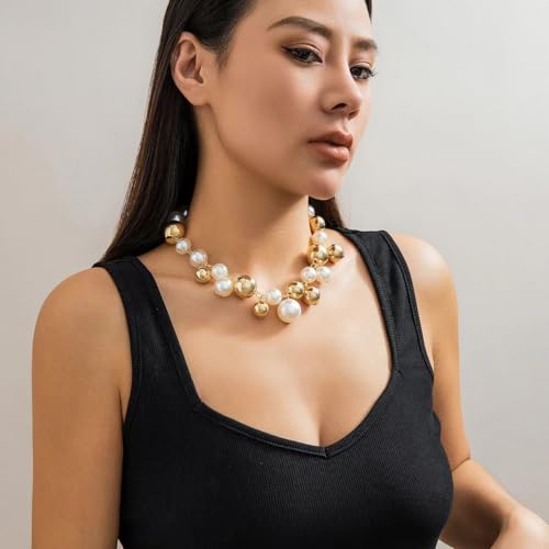 CSIYANJRY99 Chunky Pearl Necklace for Women Big Faux Pearl Beaded Strand Necklace Wedding Prom Jewelry for Women - color: gold