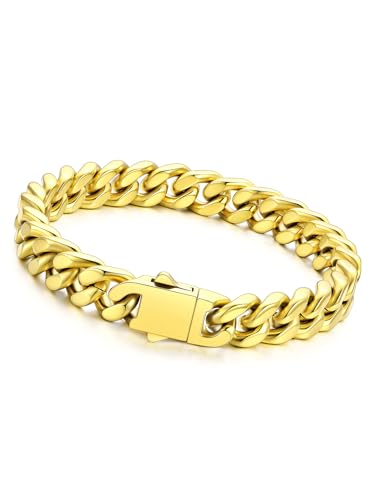 Richsteel Gold/Black/Silver Cuban Link Bracelet for Men,5/7/9/12MM Width | 316L Stainless Steel Chain Wrist Bracelet, Waterproof, No Tarnish, Hypoallergenic Hip Hop Jewelry, with Gift Box - color: 02-Gold Plated 9mm Width