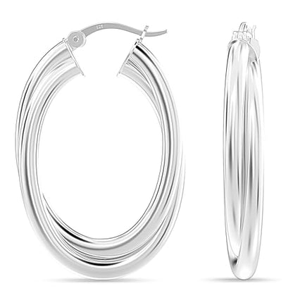LeCalla 925 Sterling Silver Chunky Hoop Earrings | 14K Two-Tone Three-Tone Hoop Earrings | Intertwining Oval Shape Polished Twisted Hoop Earrings for Women - color: Chunky Silver 35mm