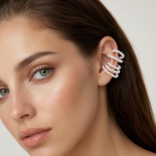 Faux Pearl Ear Cuff for Women, Multi Layer Wrap Ear Clip No Piercing, Statement Ear Crawler Jewelry for Daily Wear Party